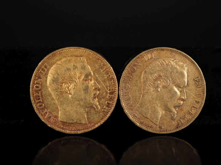 Deux pièces de 20 Francs or, 1860-A. FRAIS ACHETEURS 10% HT.