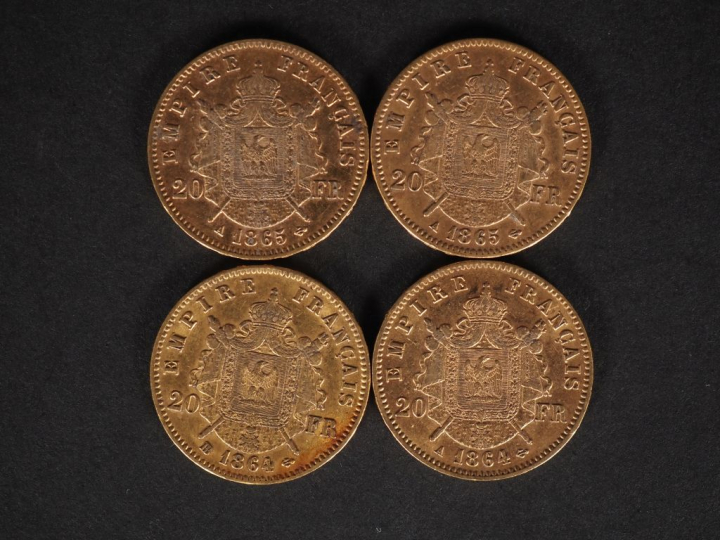 Ensemble comprenant :  - deux pièces de 20 Francs or, 1864-A et 1864-B