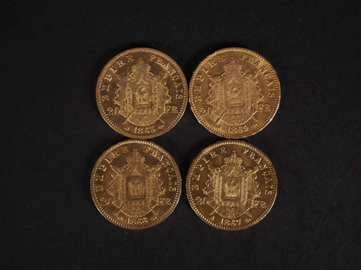 Quatre pièces de 20 Francs or, 1865-BB, 1866-BB, 1867-A et 1869-A. FRA