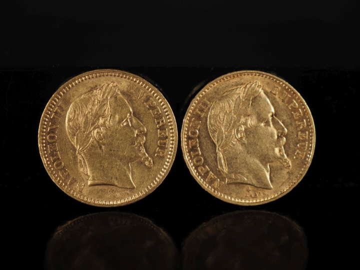 Deux pièces de 20 Francs or, Napoléon III Empereur, 1862-A et 1869-BB.