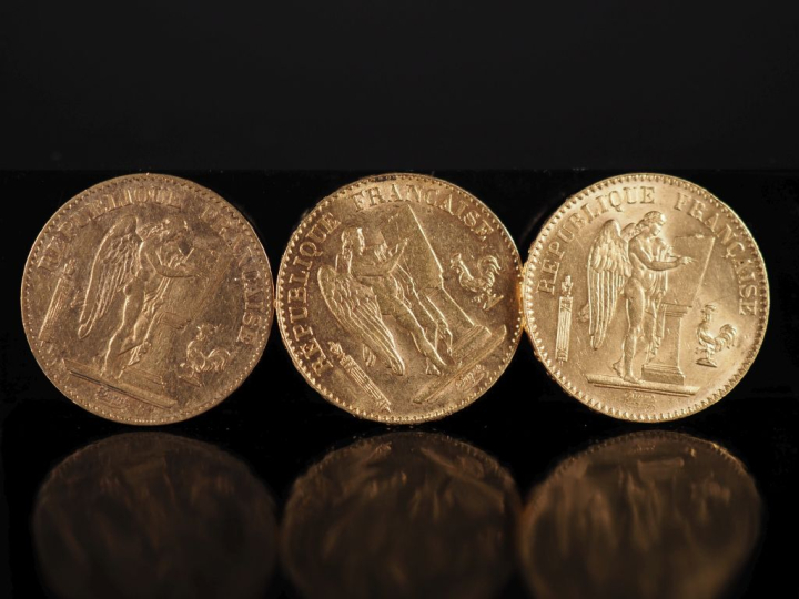 Trois pièces de 20 Francs or, République Française, 1887-A, 1891-A et 