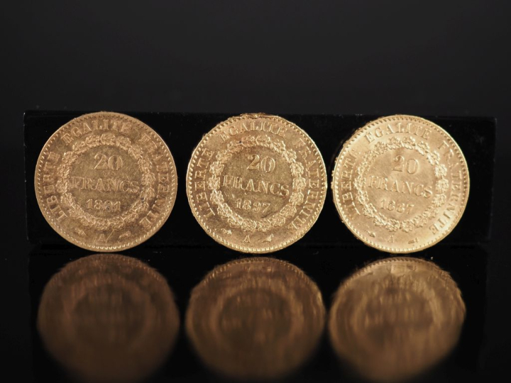 Trois pièces de 20 Francs or, République Française, 1887-A, 1891-A et 