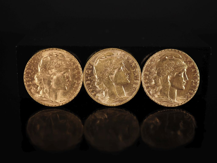 Trois pièces de 20 Francs or, 1907. FRAIS ACHETEURS 10% HT.