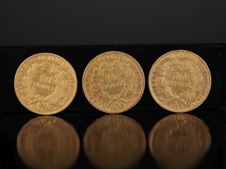 Trois pièces de 10 Francs or, République Française, 1850-A (x2) et 185