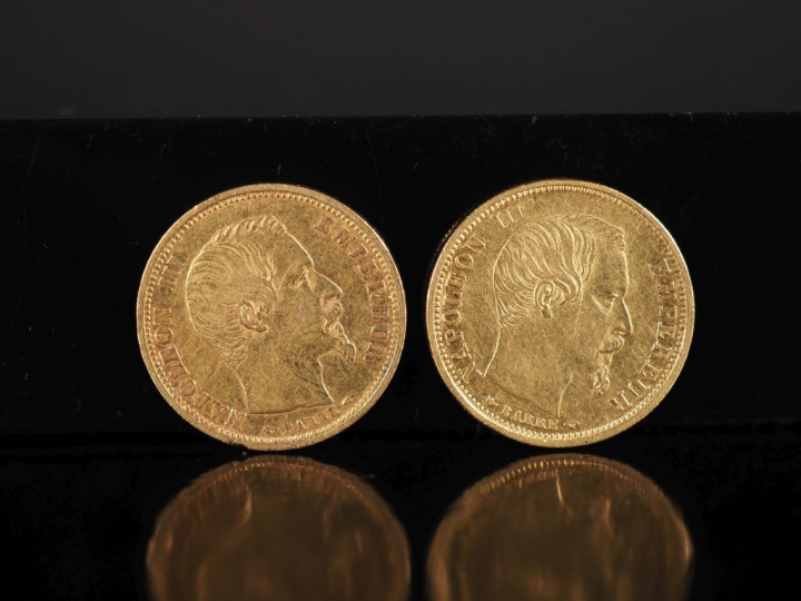 Deux pièces de 10 Francs or, Napoléon III Empereur, 1854-A.  FRAIS ACH