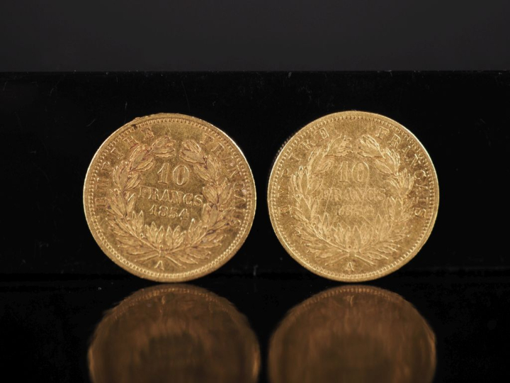 Deux pièces de 10 Francs or, Napoléon III Empereur, 1854-A.  FRAIS ACH