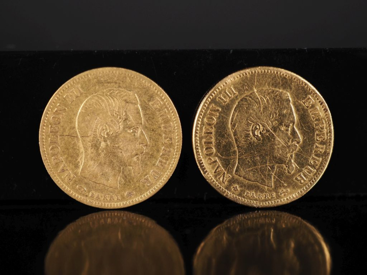 Deux pièces de 10 Francs or, Napoléon III Empereur, 1855-A et 1855-BB.