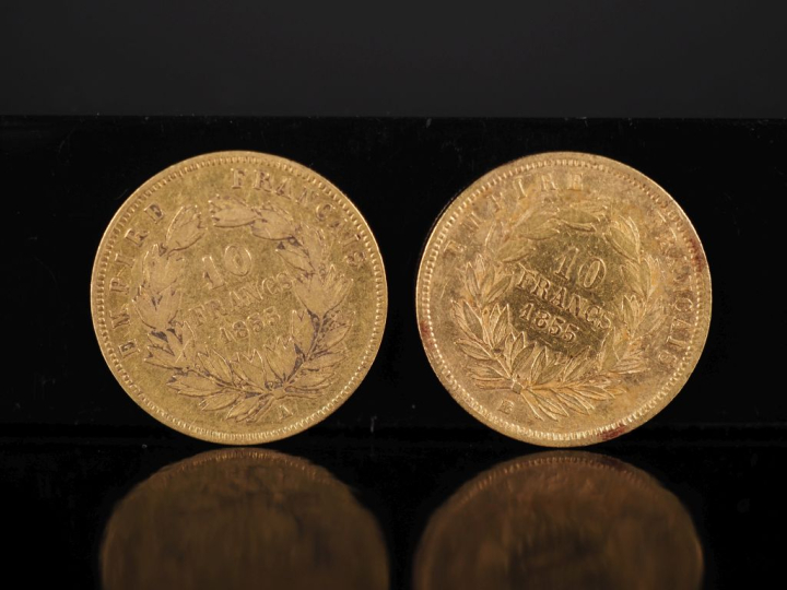 Deux pièces de 10 Francs or, Napoléon III Empereur, 1855-A et 1855-BB.