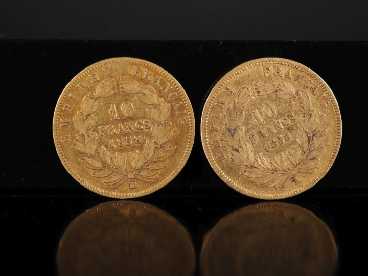 Deux pièces de 10 Francs or,  Napoléon III Empereur, 1858-BB et 1858-A