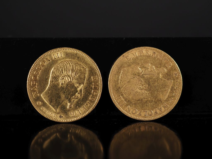 Deux pièces de 10 Francs or, Napoléon III Empereur, 1859-BB et 1859-A.