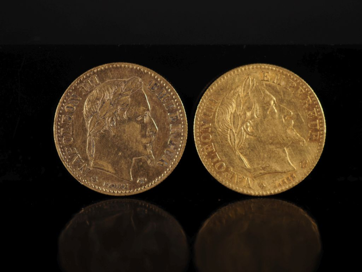 Deux pièces de 10 Francs or, Napoléon III Empereur, 1862-BB et 1862-A.