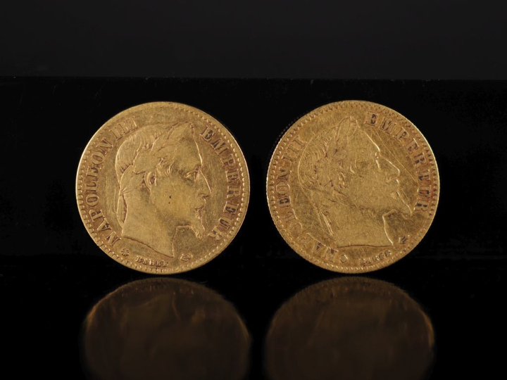 Deux pièces de 10 Francs or, Napoléon III Empereur, 1863-BB et 1863-A.