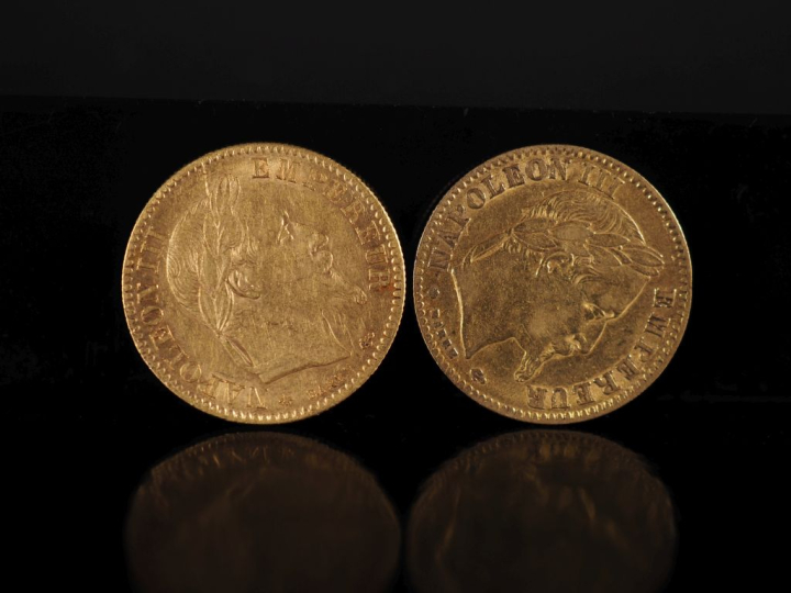 Deux pièces de 10 Francs or, Napoléon III Empereur, 1864-A et 1864-BB.