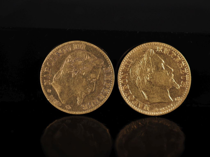 Deux pièces de 10 Francs or, Napoléon III Empereur, 1865-A et 1865-BB.