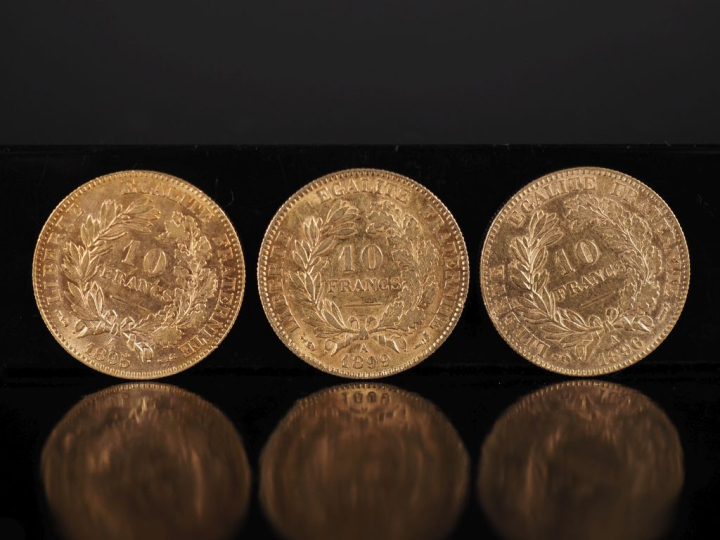 Trois pièces de 10 Francs or, République Française, 1895-A, 1896-A, 18
