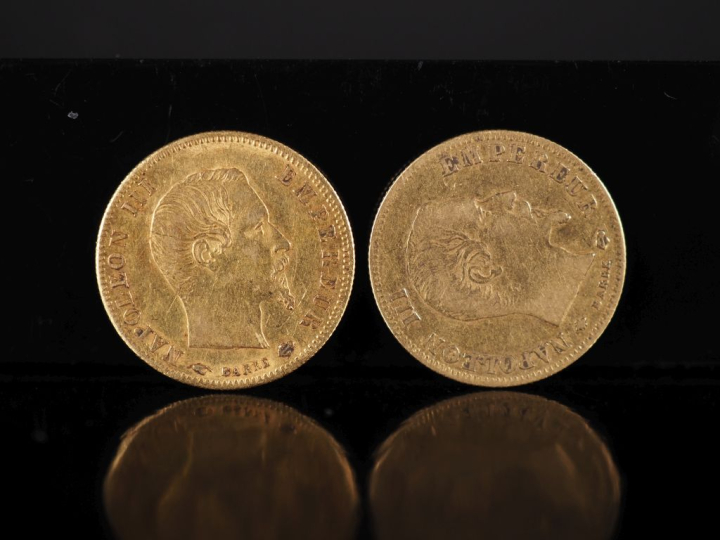 Deux pièces de 5 Francs or, Napoléon III Empereur, 1859-A et 1859-BB. 