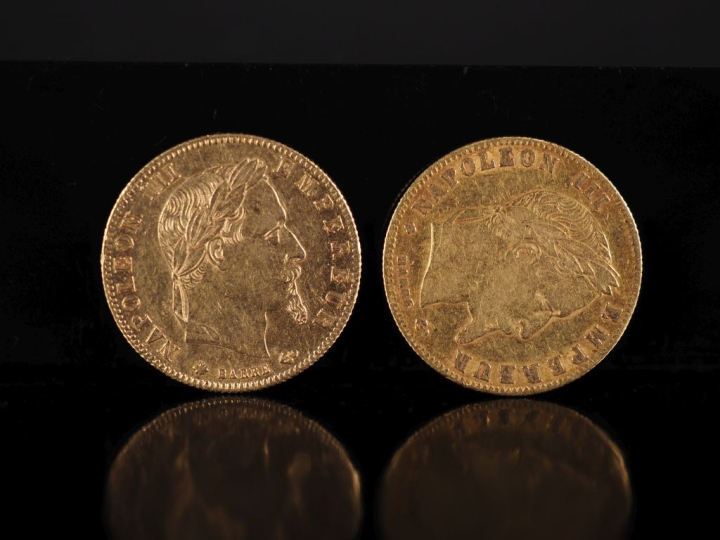 Deux pièces de 5 Francs or Napoléon III Empereur, 1862-A et 1862-BB.  