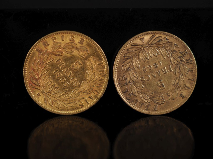 Deux pièces de 5 Francs or, Napoléon III Empereur, 1863-A et 1863-BB. 