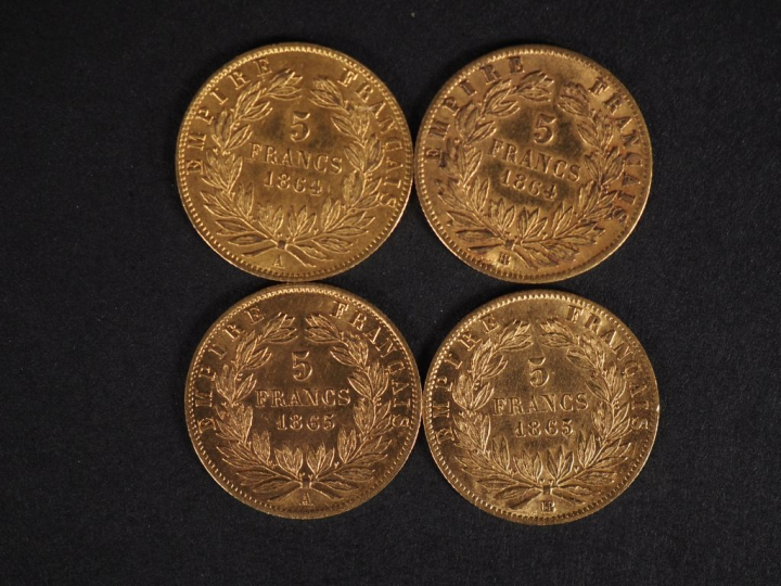 Quatre pièces de 5 Francs or, Napoléon III Empereur, 1864-A, 1864-BB, 