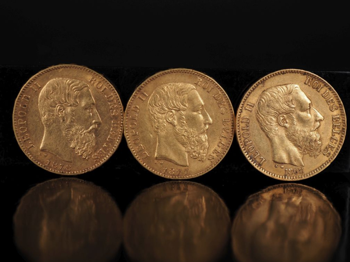 Trois pièces de 20 Francs Belge or, 1868, 1877 et 1878. FRAIS ACHETEUR
