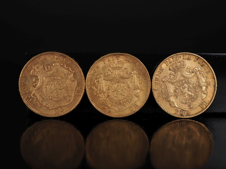 Trois pièces de 20 Francs Belge or, 1868, 1877 et 1878. FRAIS ACHETEUR