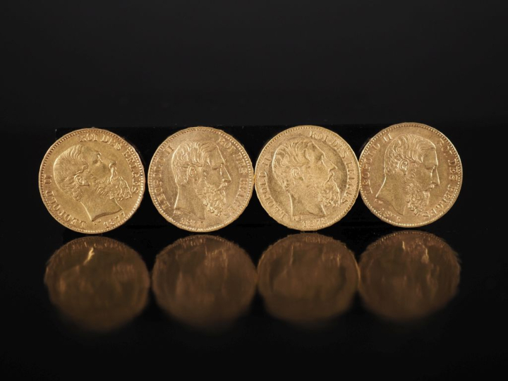 Quatre pièces de 20 Francs belge or, Leopold II, 1870, 1875, 1877 et 1