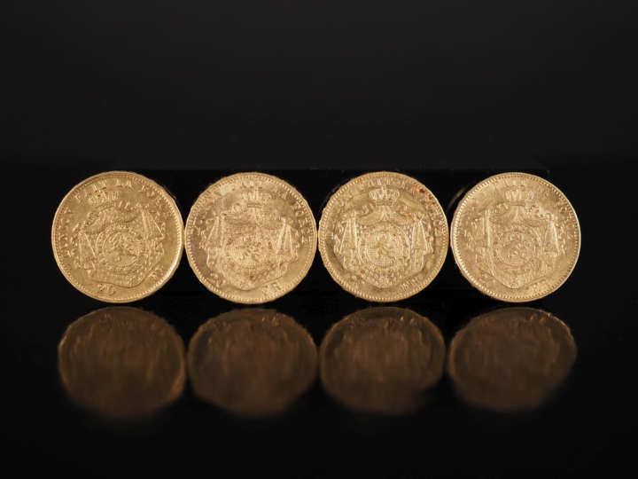Quatre pièces de 20 Francs belge or, Leopold II, 1870, 1875, 1877 et 1
