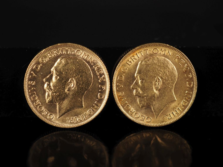 Deux souverains or, Georges V, 1912 et 1913. FRAIS ACHETEURS 10% HT.