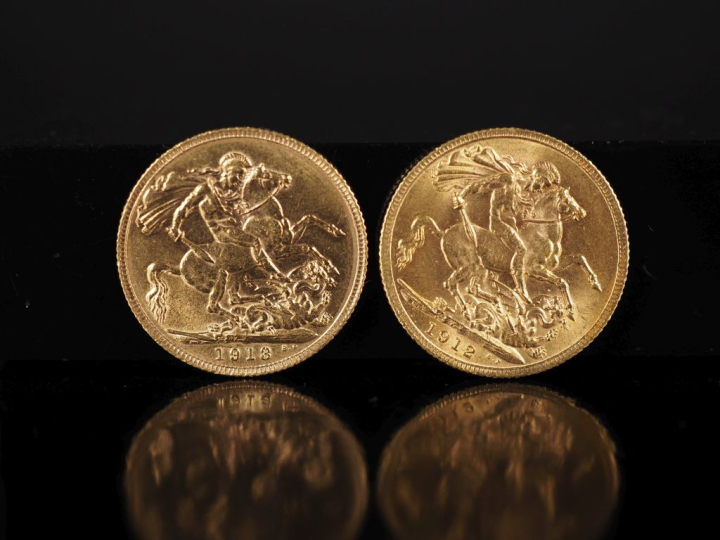 Deux souverains or, Georges V, 1912 et 1913. FRAIS ACHETEURS 10% HT.