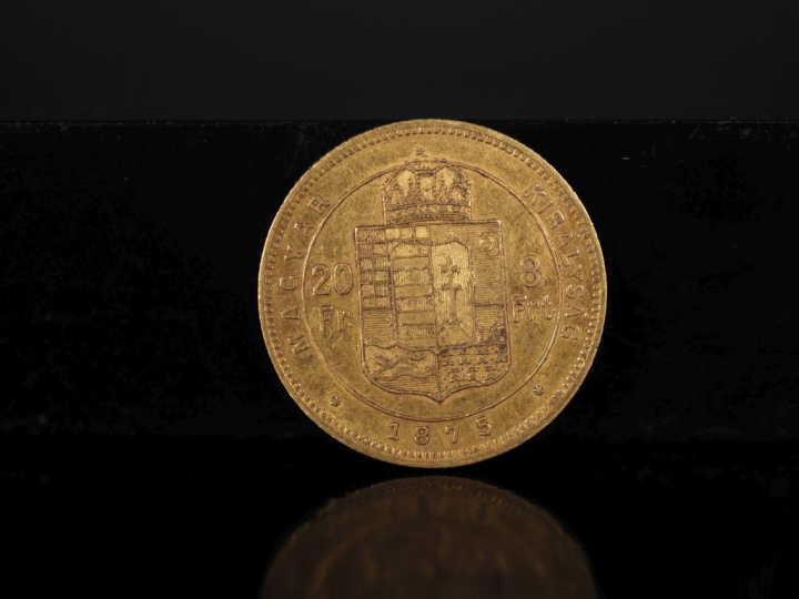 Une pièce de 20 Francs / 8 Forint or, 1875-KB. FRAIS ACHETEURS 10% HT.