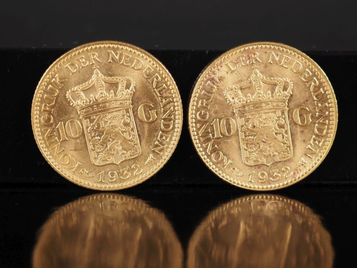 Deux pièces de 10 Gulden or, Wilhelmina, Pays-Bas, 1932. FRAIS ACHETEU