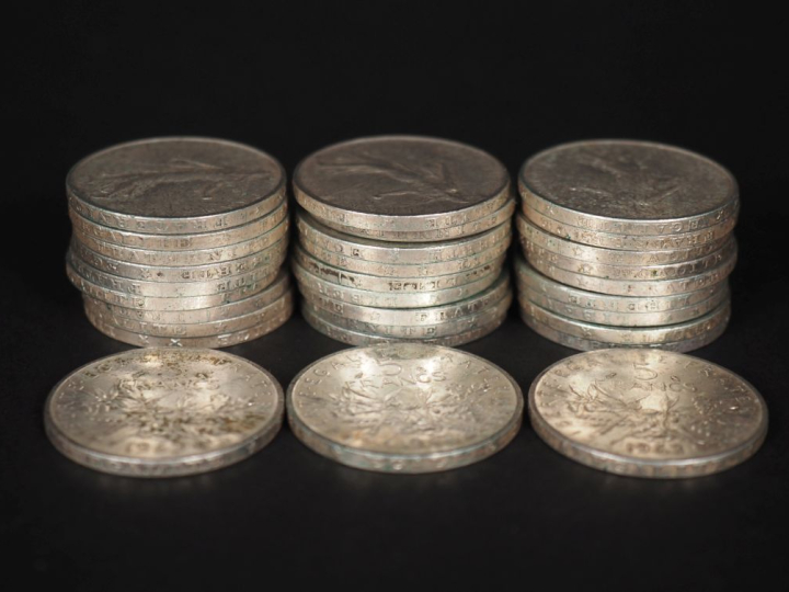 Trente pièces de 5 Francs argent.  Poids. 360 g