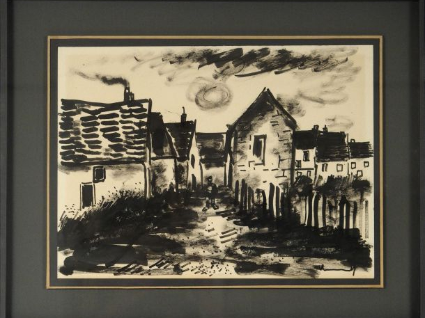 Maurice de Vlaminck. 'vue de village'. Encre signée en bas à droite. 2