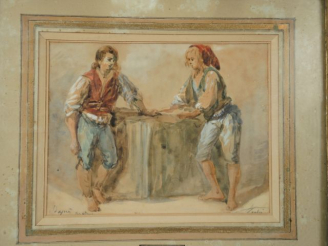 Vente aux enchères 	Léon SOULIE ‘Etude de personnages’ Aquarelle signée en bas à droite  