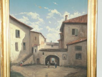 Vente aux enchères GODCHAUX "cour de ferme animée". Huile sur toile signée en bas à droit