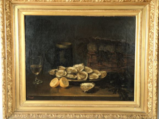 Vente aux enchères P. SIMONET« Nature morte aux huîtres », Huile sur toile signée en bas 
