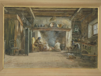 Vente aux enchères 	Léon SOULIE  ‘Famille paysanne près de l’âtre’ Gouache signée en bas 