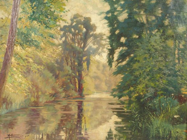 Augustin LESAGE, "Paysage lacustre ". Huile sur toile, signée en bas à