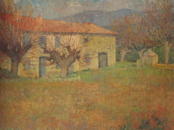 Gustave LOISEAU (attribué à), " Vue de ferme ". Huile sur panneau, sig