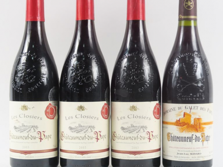 4 BOUTEILLES CHÂTEAUNEUF DU PAPE 2003 : 3 LES CLOSIERS - 1 DOMAINE DU 