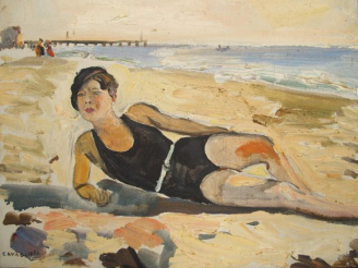 Vente aux enchères Mario CAVAGLIERI 'Baigneuse sur la plage d'Hossegor'. Huile sur toile,