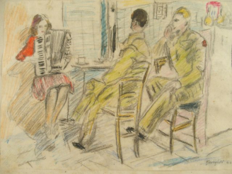 Vente aux enchères Mario CAVAGLIERI 'Air d'accordéon pour deux militaires'. Dessin au cra