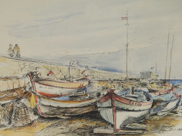 BERTHOD "Retour de pêche". Aquarelle, signée en bas à droite.  22.5 x 