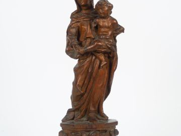 Sculpture XVIIIème en chêne "Vierge à l'Enfant" (manques). H. 47 cm