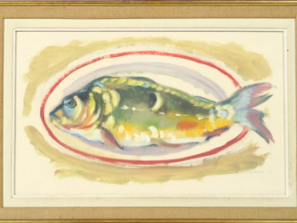 Vente aux enchères M. GOEDGEBUER "Nature morte au poisson" Huile sur papier, signée en ba