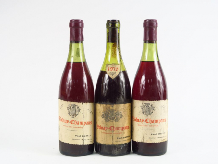 3 BOUTEILLES VOLNAY CHAMPANS P. EMONIN - 2 de 1976 3 CM/3,5 CM/PRESUME