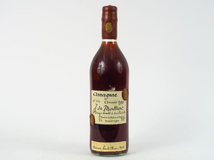 1 BOUTEILLE (1 L) ARMAGNAC J. DE MALLIAC - 1893 - MISE : 1976/Tirage l