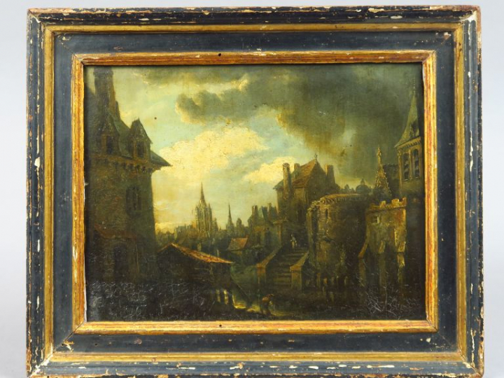 Ecole flamande XVIIIème  "Vue de ville au bord d'un canal" Huile sur p