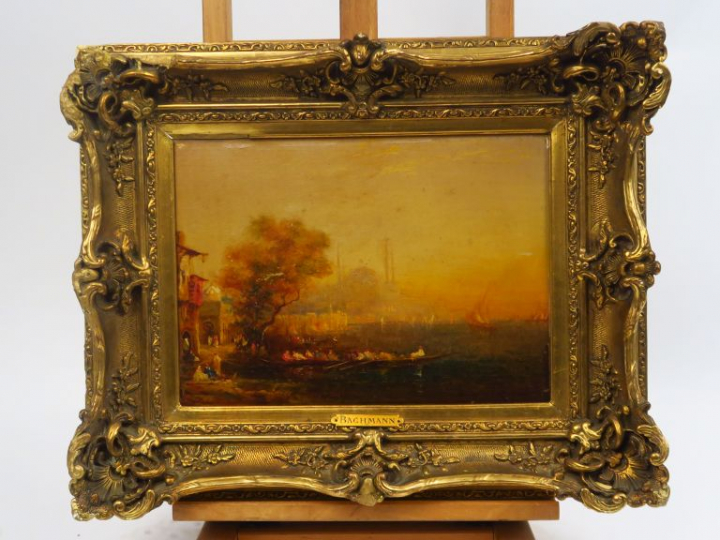 A. BACHMANN "Istanbul au soleil couchant" Huile sur panneau.  Signée e