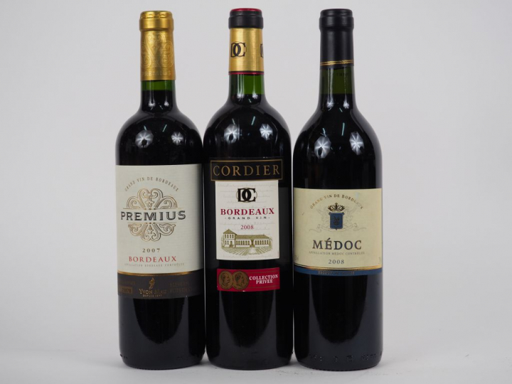 3 BOUTEILLES : 1 MEDOC 2008 - 1 PREMIUS 2007 - 1 CORDIER COLLECTION PR